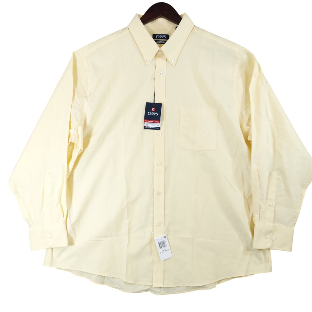 Chaps Button-Down Shirt Men 18-18.5 34-35 Yellow Wrinkle Free Performance Oxford